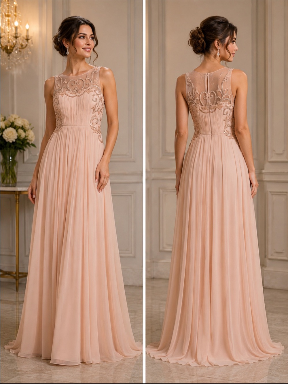 Aidan Mattox beaded illusion neck sleeveless ruched embellished chiffon gown